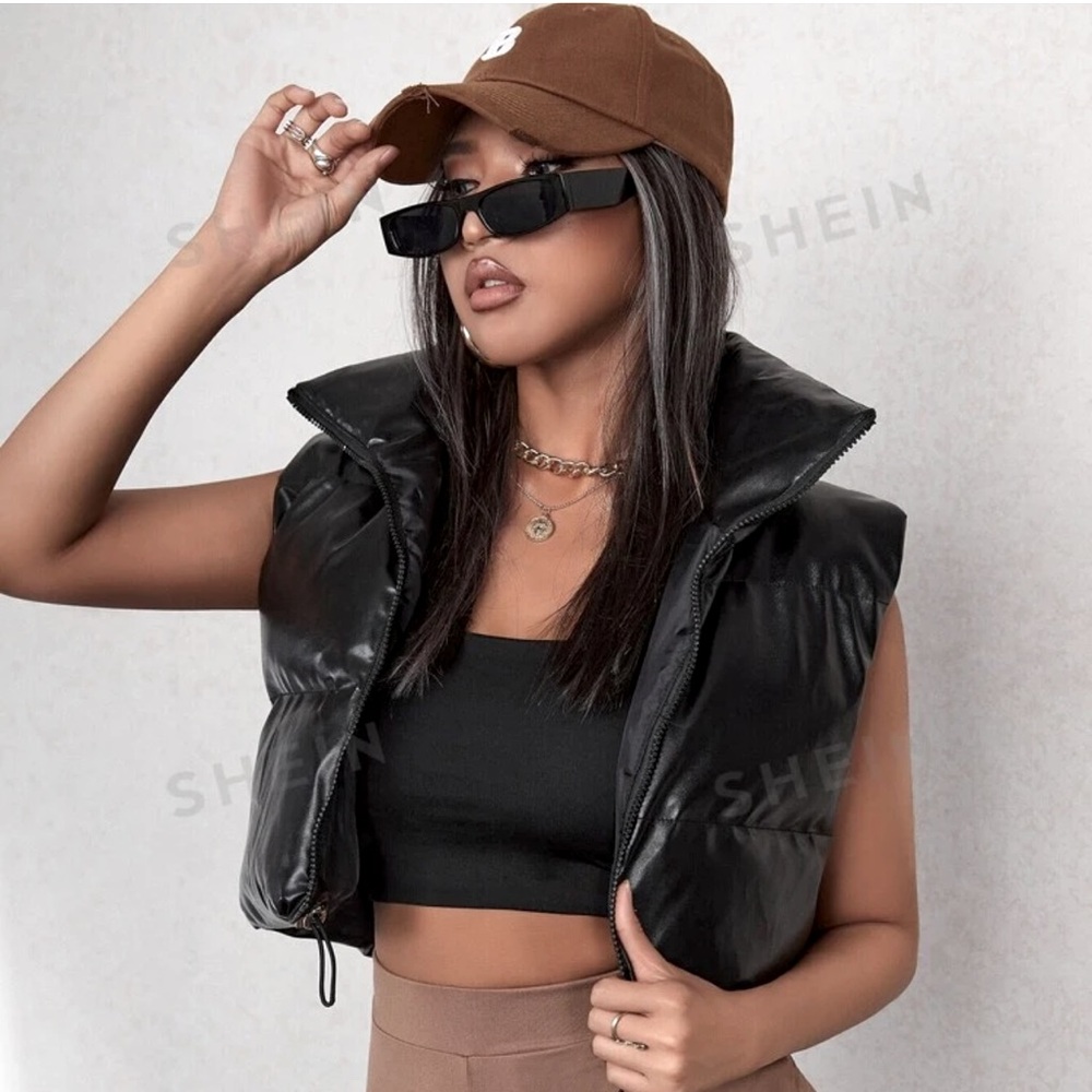 SHEIN Black Drawstring Hem Cropped Zipper PU Leather Vest Padded Coat Size 6 M